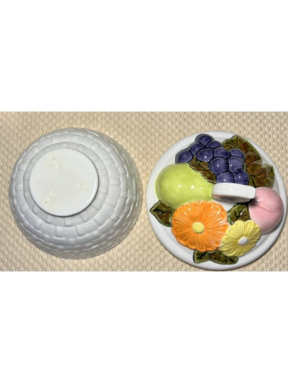 Vintage 1971 Handmade Ceramic Basket Weave Fruit Candy Dish. Lidded Bowl